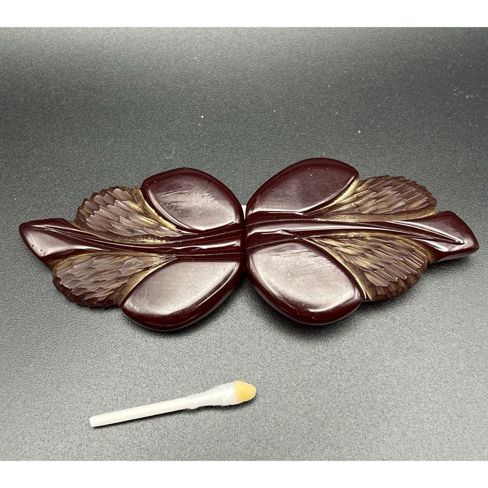 VTG 1940's Deep Brown Maroon Bakelite Carved Leaves 2 Piece Belt Buckle